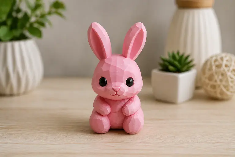 Rózsaszín 3D nyomtatott nyuszi figura asztalon, dekorációként