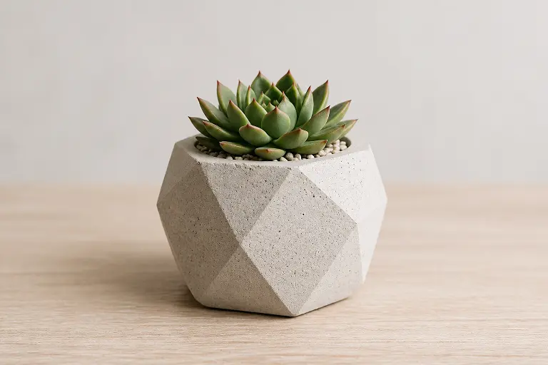 Geometrikus formájú 3D nyomtatott virágtartó pozsgás növénnyel, letisztult háttér előtt