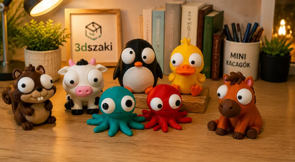Vicces 3D nyomtatott állatfigurák egy asztalon a 3dszaki műhely hangulatában