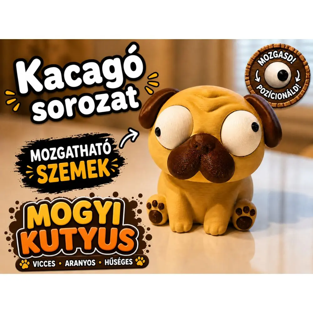 Mogyi kutyus reklámkép mozgatható szemű 3D nyomtatott figuráról